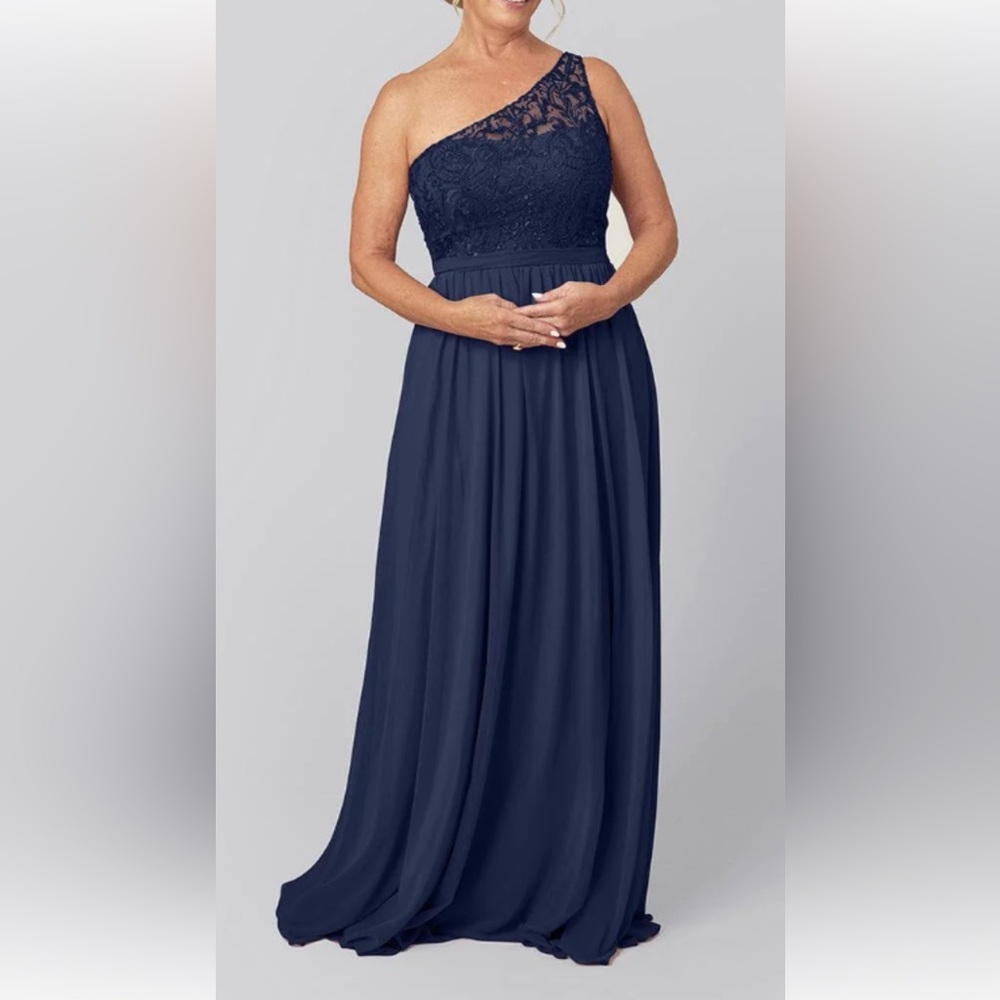 David’s Bridal One Shoulder Dress Woman’s 10 Maxi Lace Top Open Front Blue Dress